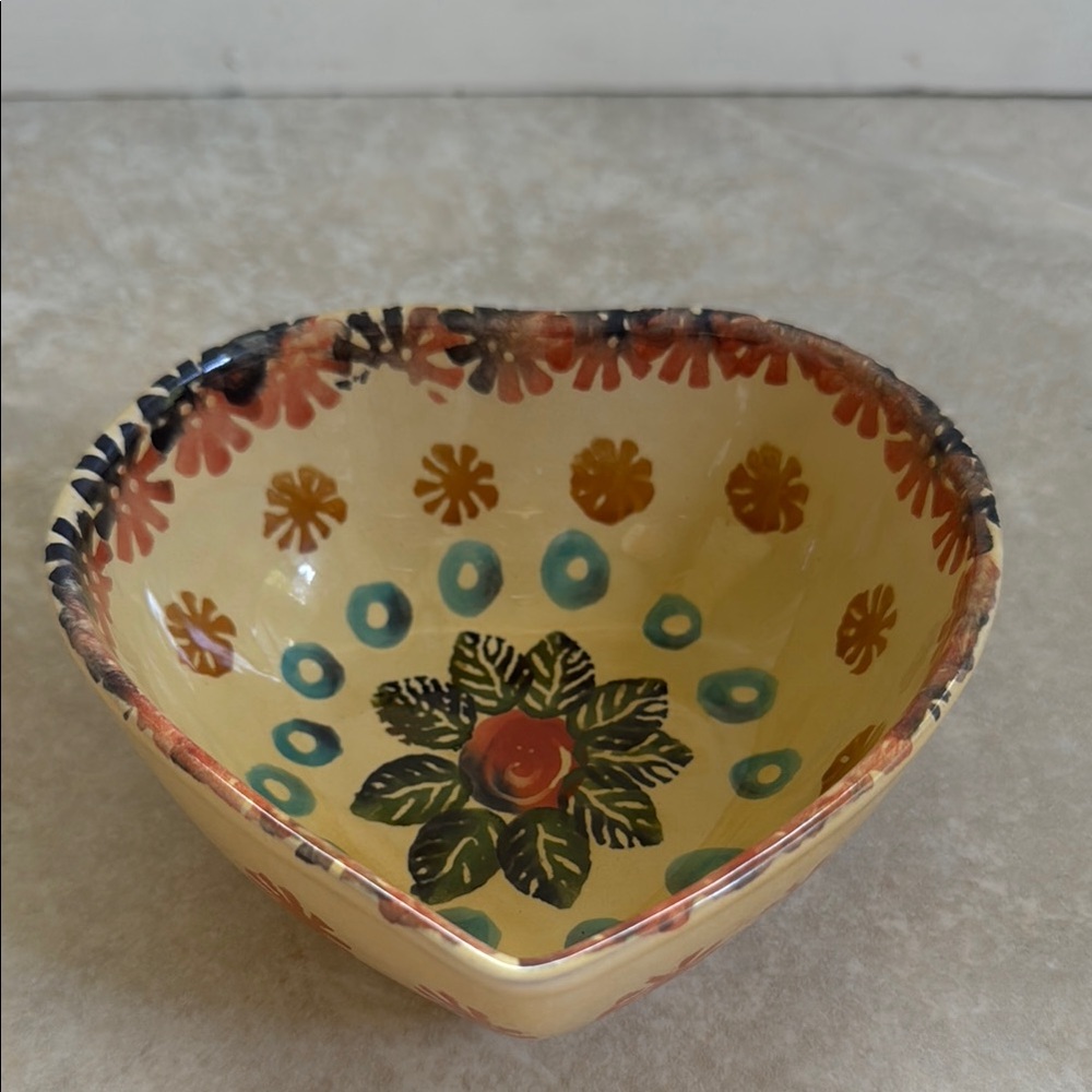 Heart Shaped Bowl / Trinket Dish Hand Painted Pottery Italica ARS, 5.75”
